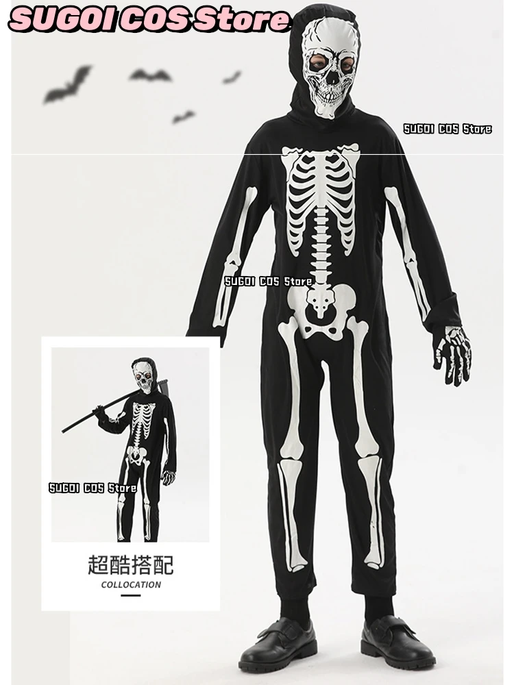 โครงกระดูกฮาโลวีนคอสเพลย์เครื่องแต่งกายสําหรับเด็ก Ghost Jumpsuit Glow in The Dark Carnival Party Zentai บอดี้สูทชุดเวที