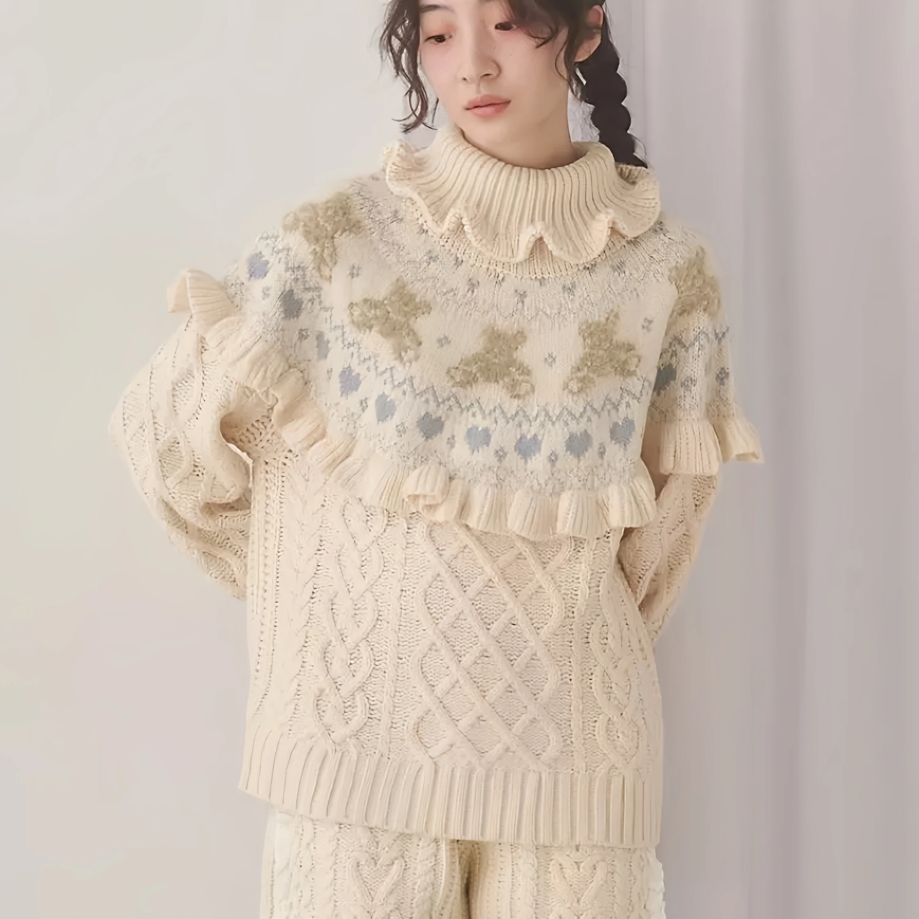 النمط الياباني أنيقة حلوة لطيف الوقوف طوق تكدرت كم طويل فضفاض تنوعا محبوك البلوزات البلوفرات للنساء الخريف