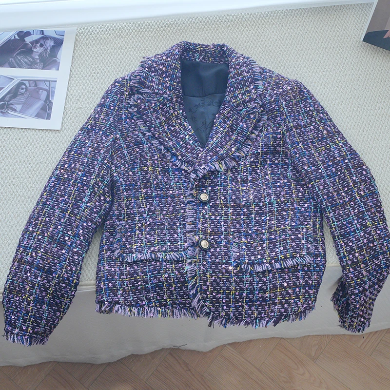 

Purple Elegance Heavy Work Bouclé Fringe Trimmed Collar Spring Autumn Anti-Aging Women's Jacket French Style Polyester Fiber