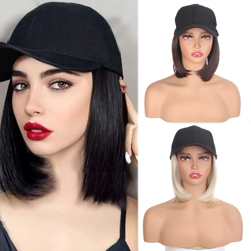 Chapéu sintético peruca extensão do cabelo curto bob boné de cabelo reto preto boné elegante e resistente ao calor peruca feminina