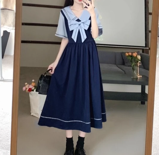 الصيف حجم كبير الحلو القوس البحرية طوق الحد من العمر فستان طويل كلية قصيرة الأكمام الربط وهمية اثنين فساتين اليابانية لطيف #3