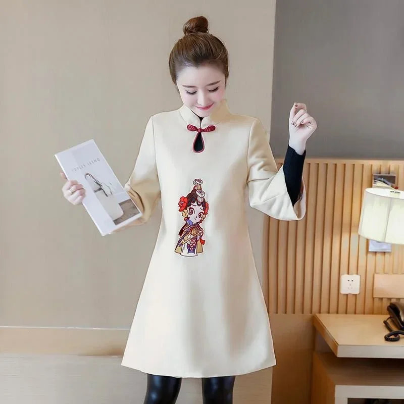 

New Embroidery Qipao Hanfu Women Vintage Thicken Vestido Chino Mujer Tang Suit Autumn Modern Cheongsam Chinese Dress