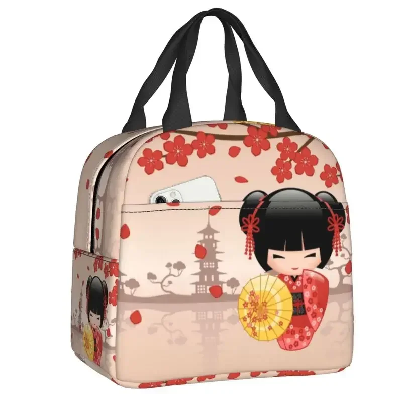 Japanese Maiko Kokeshi Doll Thermal Insulated Lunch Bag Women Cute Geisha  Tote for Work School Travel Food Bento Box