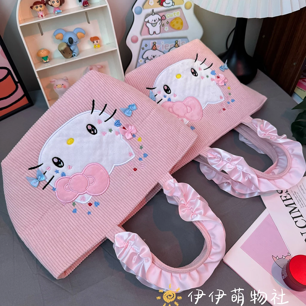 Sanrio Hello Kitty Plush มือถือกล่องอาหารกลางวันกระเป๋า KT Cat โคมไฟ Core กํามะหยี่ขอบดอกไม้มือถือกระเป๋า Bento กระเป๋าช้อปปิ้งหญิง