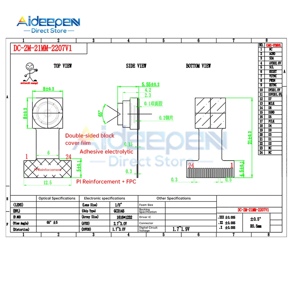 GC2145 Camera Module Wide-angle Lens 68/120/160 Degree DVP Interface for ESP32-CAM and TT Series Development Board