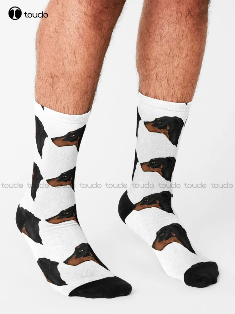 Black And Tan Natural Ears Doberman Socks Hiking Socks Cartoon Comfortable Best Girls Sports 360° Digital Print Custom Gift Sock