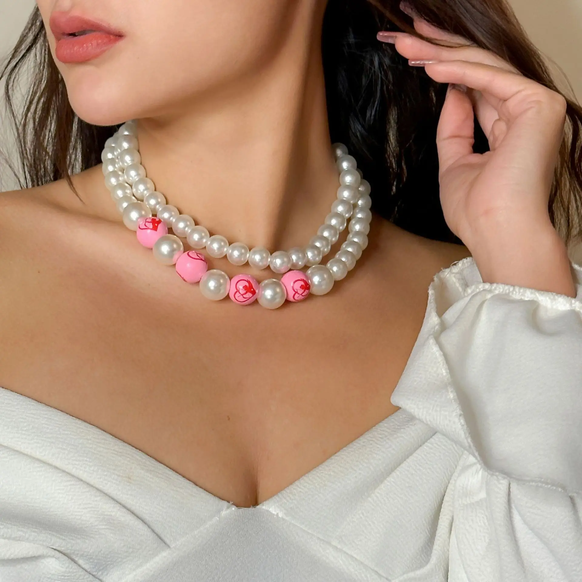Love Letter Pendant Necklace Multicolor Resin Beads Faux Pearl Accents Chunky Statement Jewelry for Valentine Party Festival