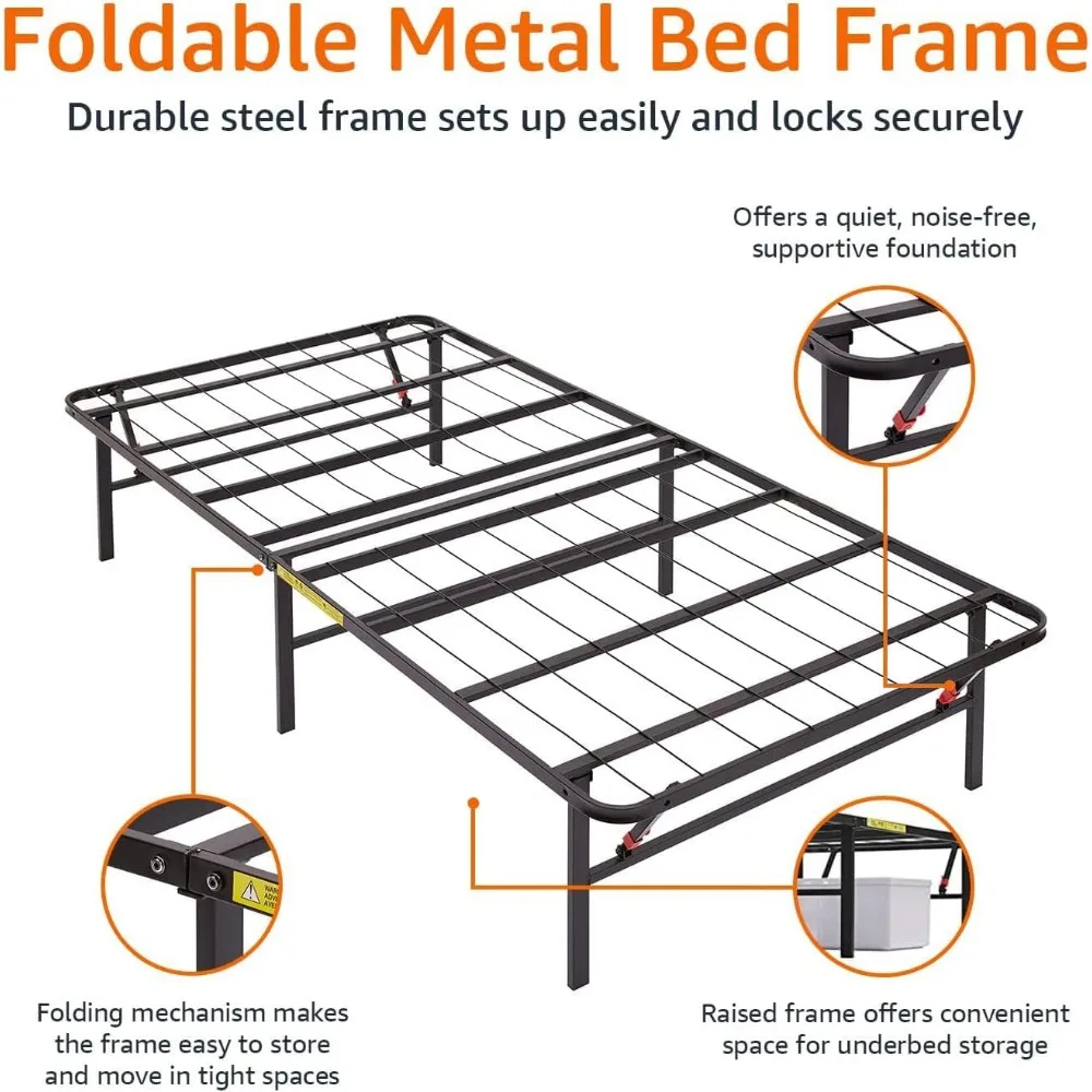 Foldable metal bed frame, tool free setting, 14 inches high, sturdy steel frame, no need for spring box, twin beds, black