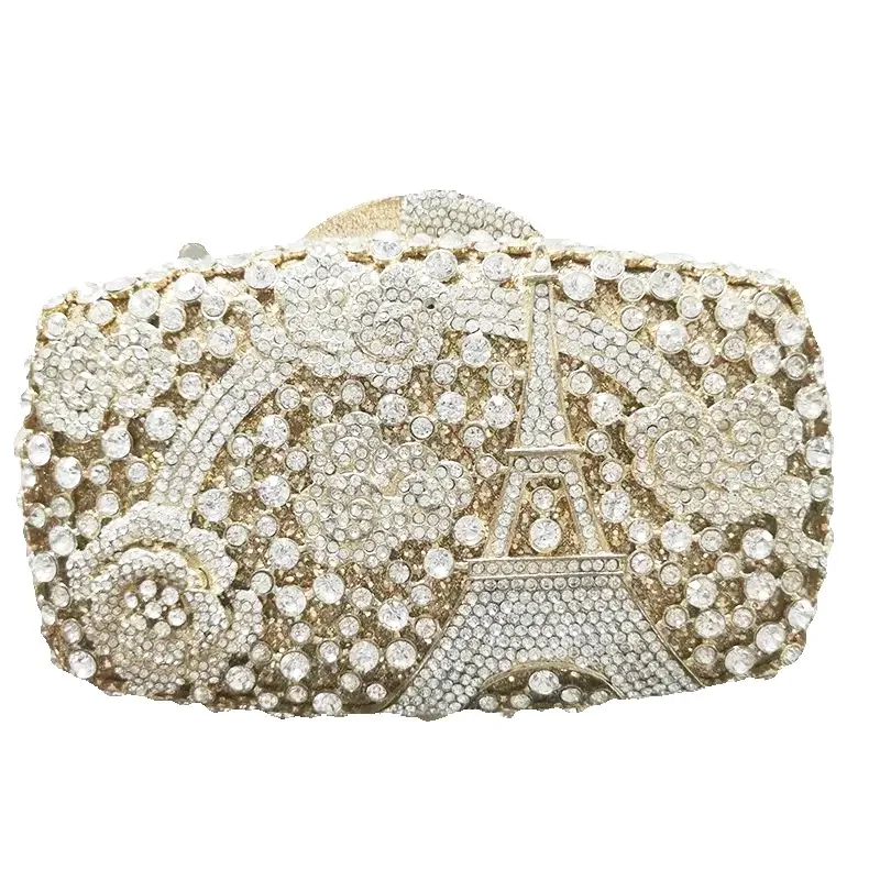 Tower Crystal Evening Clutch Bags Hollow Out Gold Metal Flower Handbags Women Rhinestone Purses Mini Money Coin Purse Wallet