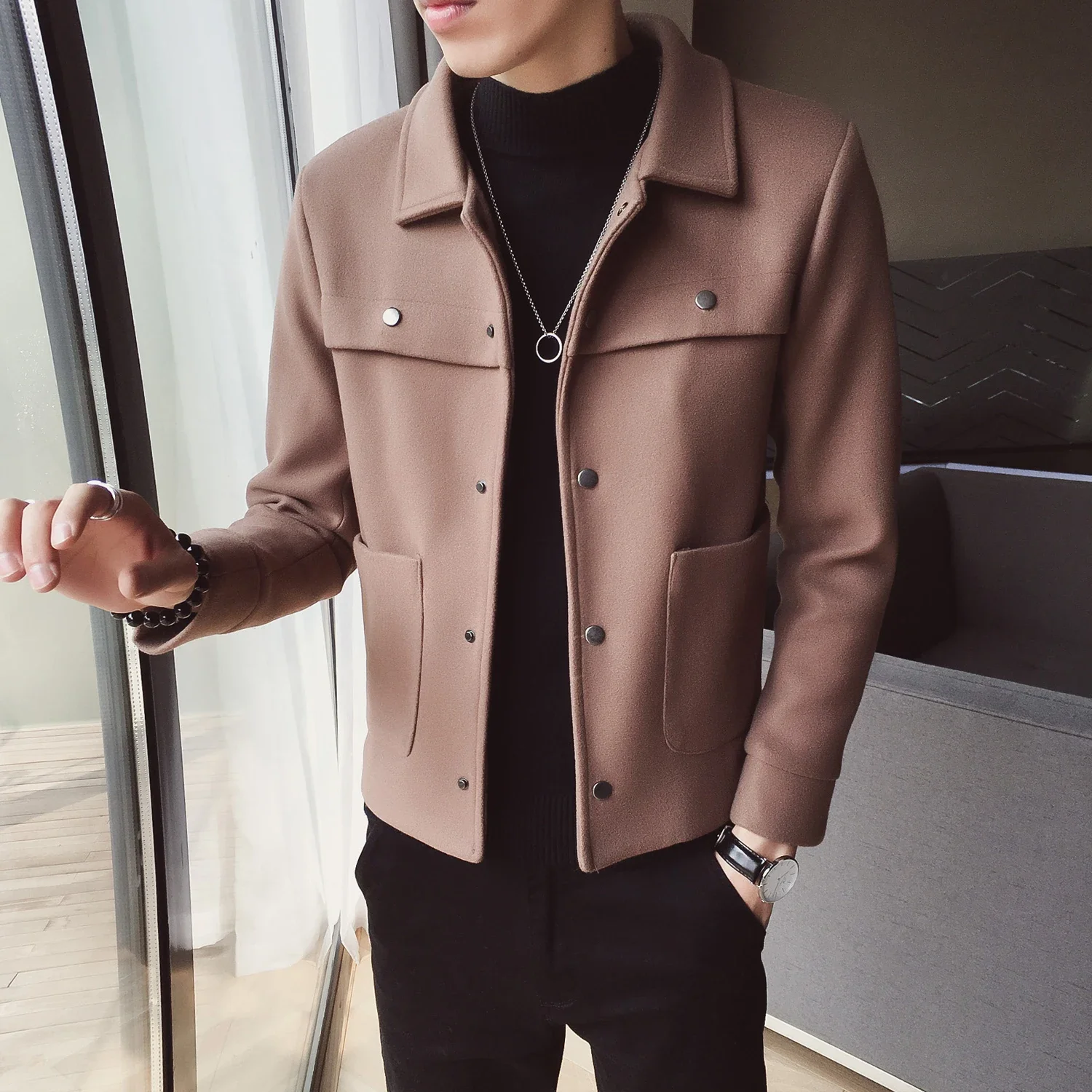 

2023 Autumn Winter Fashion New Men's Casual Lapel Woolen Jacket Male Slim Wool Coat Thick Warm Male Solid Color Trench Coats