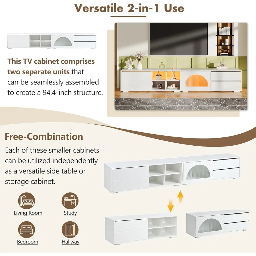 حامل تلفزيون حديث مع أبواب زجاجية مخددة لأجهزة التلفاز حتى 100 وحدة تحكم وسائط مع باب منزلق ودرجين مصباح LED لغرفة المعيشة باللون الأبيض #4