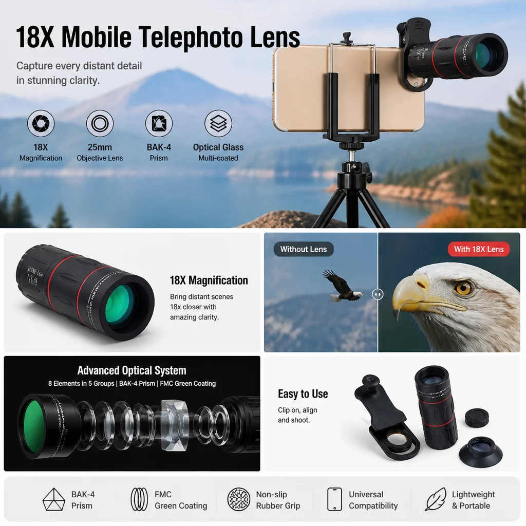 18x telephoto phone lens set, concert telephoto lens, outdoor rangefinder, telephoto lens