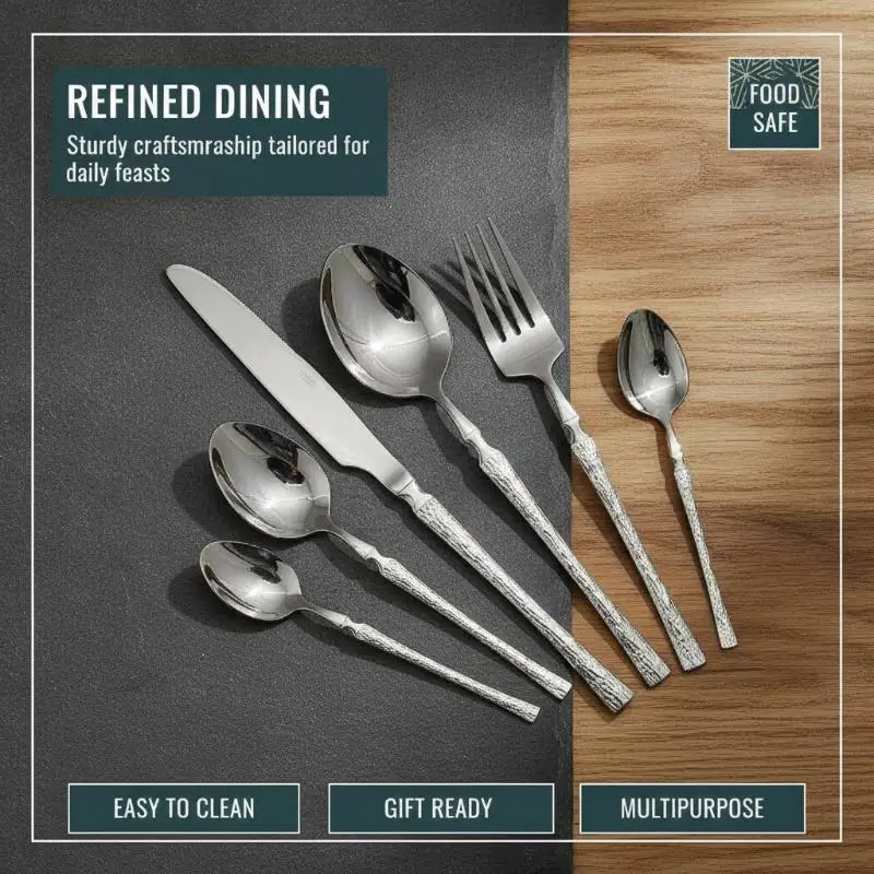 Stainless Steel Long Handle Spoon Dinnerware Set Western Steak Cutlery Ice Pattern Spoon Fork Tree Bark Pattern Small Waist