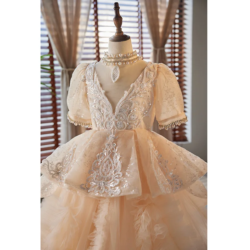 Robe de soirée en Tulle pour filles de 4 à 12 ans, longueur au sol, paillettes Orange, manches courtes, mousseline de soie, perles, col haut, robes à fleurs