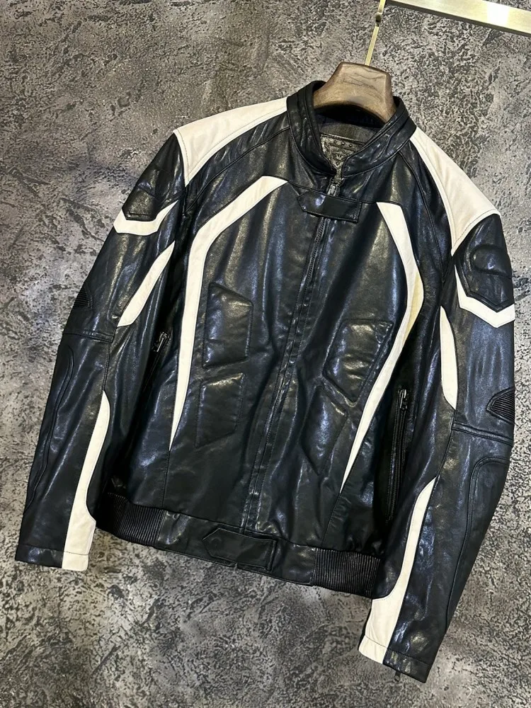 Business Casual Stand Collar Long Sleeves Genuine Leather Jacket Fashion Mixed Color Zipper Male Sheepskin Outerwear