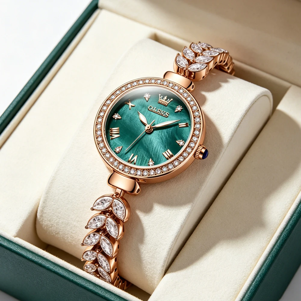 OLEVS Luxury Women Quartz Watch Green Shell Dial Diamond Bezel Rose Gold Crystal Leaf Bracelet Waterproof Ladies Wristwatch