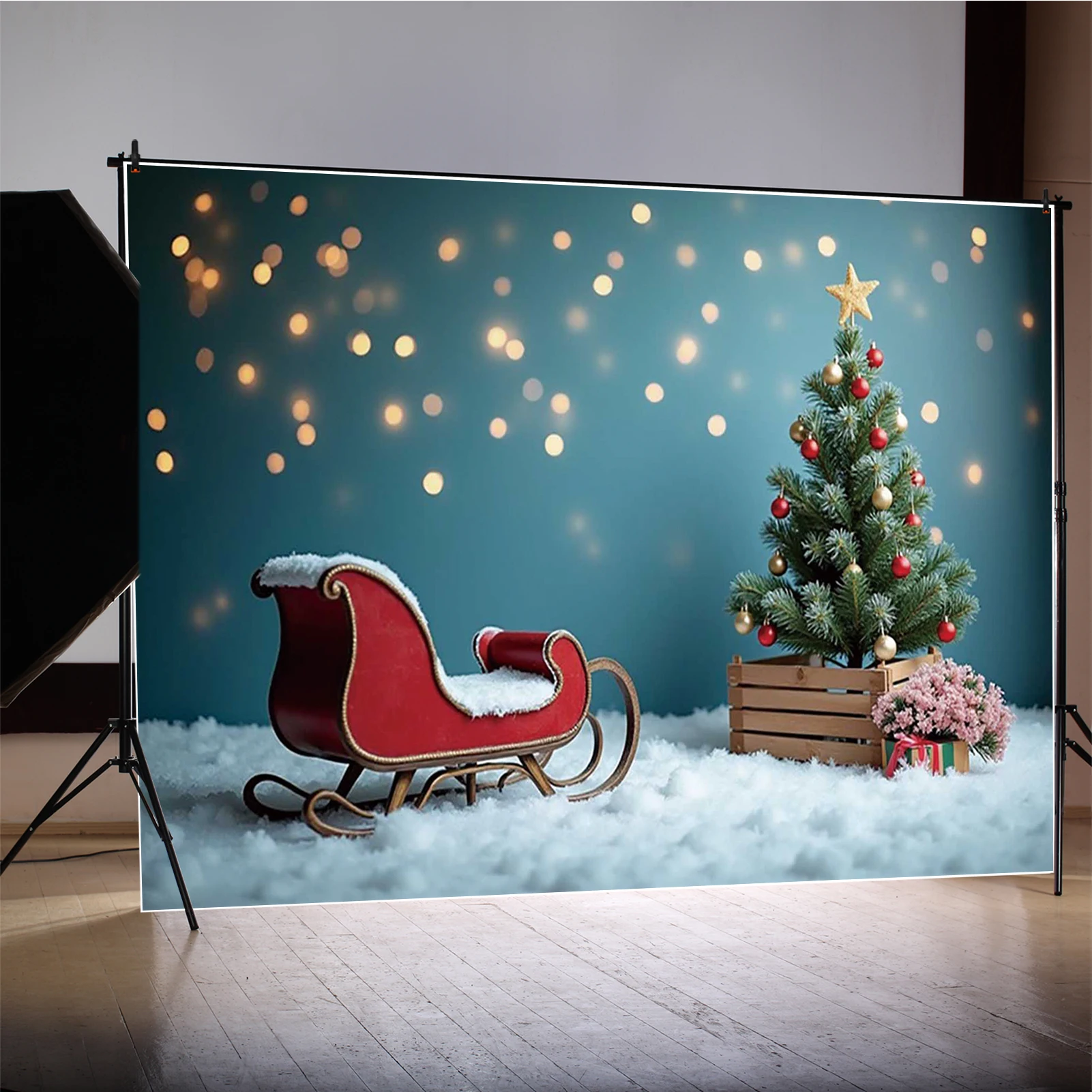 MOON.QG Christmas Interior Back Drop Sleigh Snow Carpet Xmas Trees Backgrounds Party Decorations Shooting Props Photography