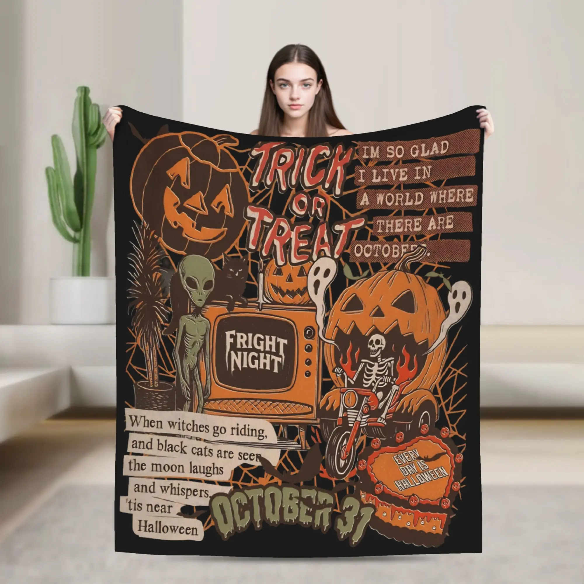 Retro Halloween Spooky Ghost Blankets  Flannel Funny Breathable Throw Blanket for Chair Covering Sofa Spring Autumn