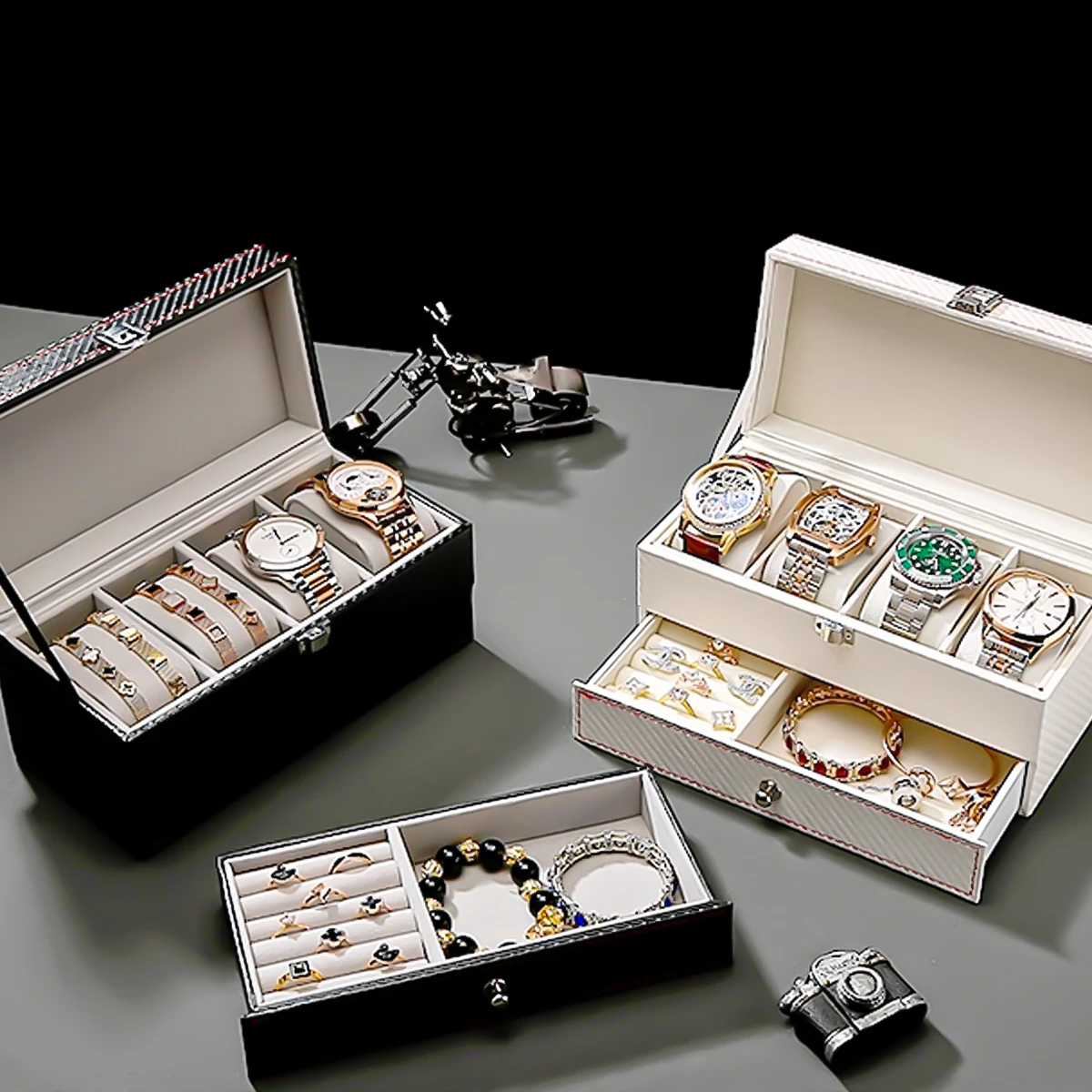 2-Tier Organizer Watch Showcase ﻿ Leather Lockable Watch Storage Boxes Men & Women's Jewelry Display Drawer Case