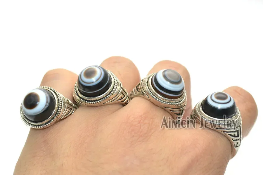 Natural Black Agate Single Eyes Tibetan Dzi Beads Ancient Silver Color Adjustable Finger Rings For Men\'s Wild Jewelry Gift