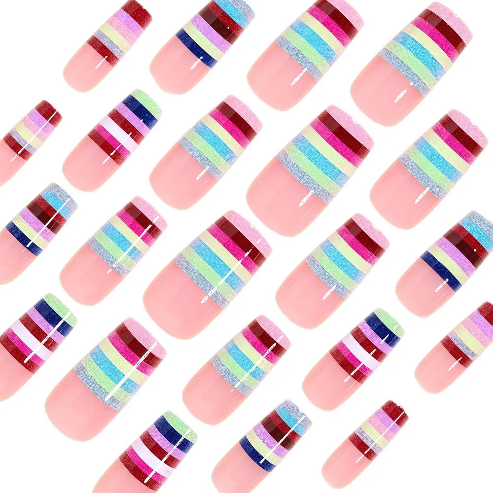 Colorful Y2K French Tips Nails Press On for Party Vibrant Dopamine Line DIY Manicure Kit Durable and Long Lasting Fake Nails