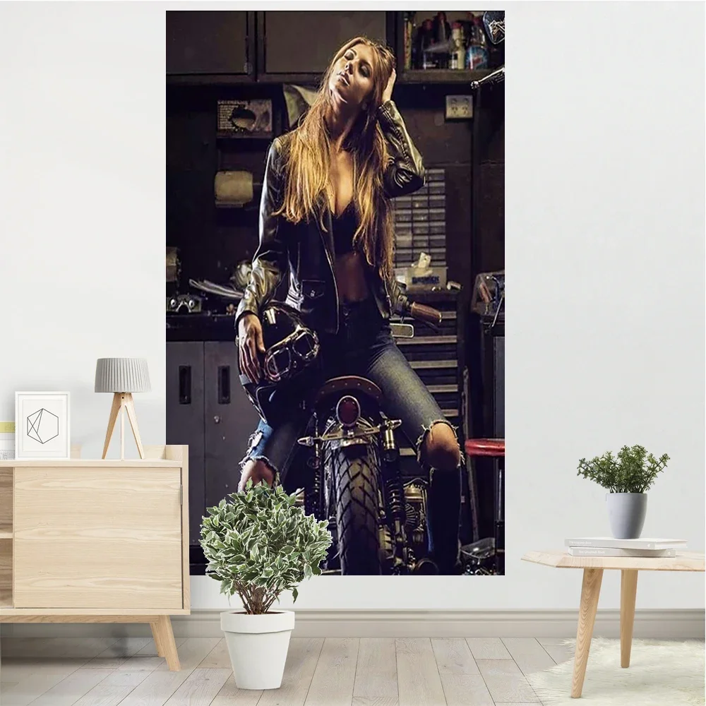 Handsome Female Motorcycle Rider Tastries Motorcycle Works Poster Wall Art Deco Advertising Vintage Logo Bar Club