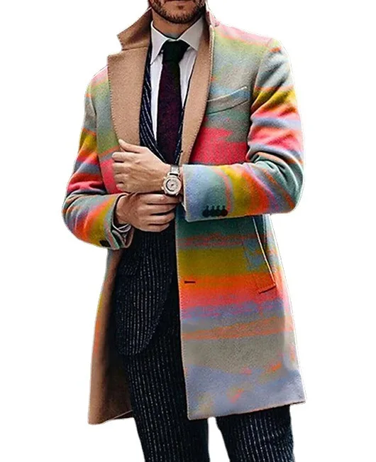 2024 Spring Men's European and American Foreign Trade New Leisure Printed Woolen Medium length Coat Men's Woolen Coat Men's