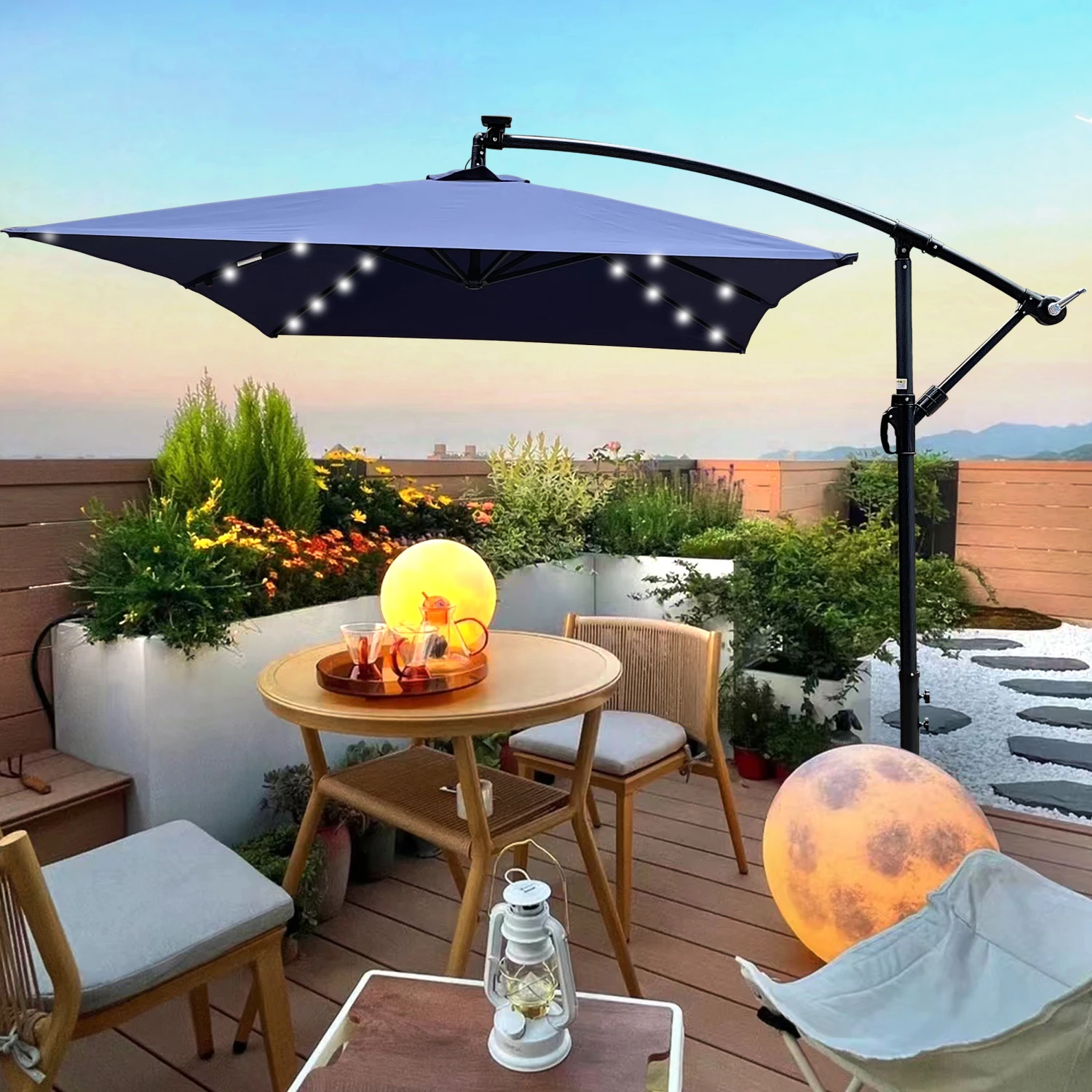 Rectangle 2x3M Outdoor Patio Umbrella Solar Powered LED Lighted Sun Shade Market Waterproof 6 Ribs Umbrella with Crank and Cross