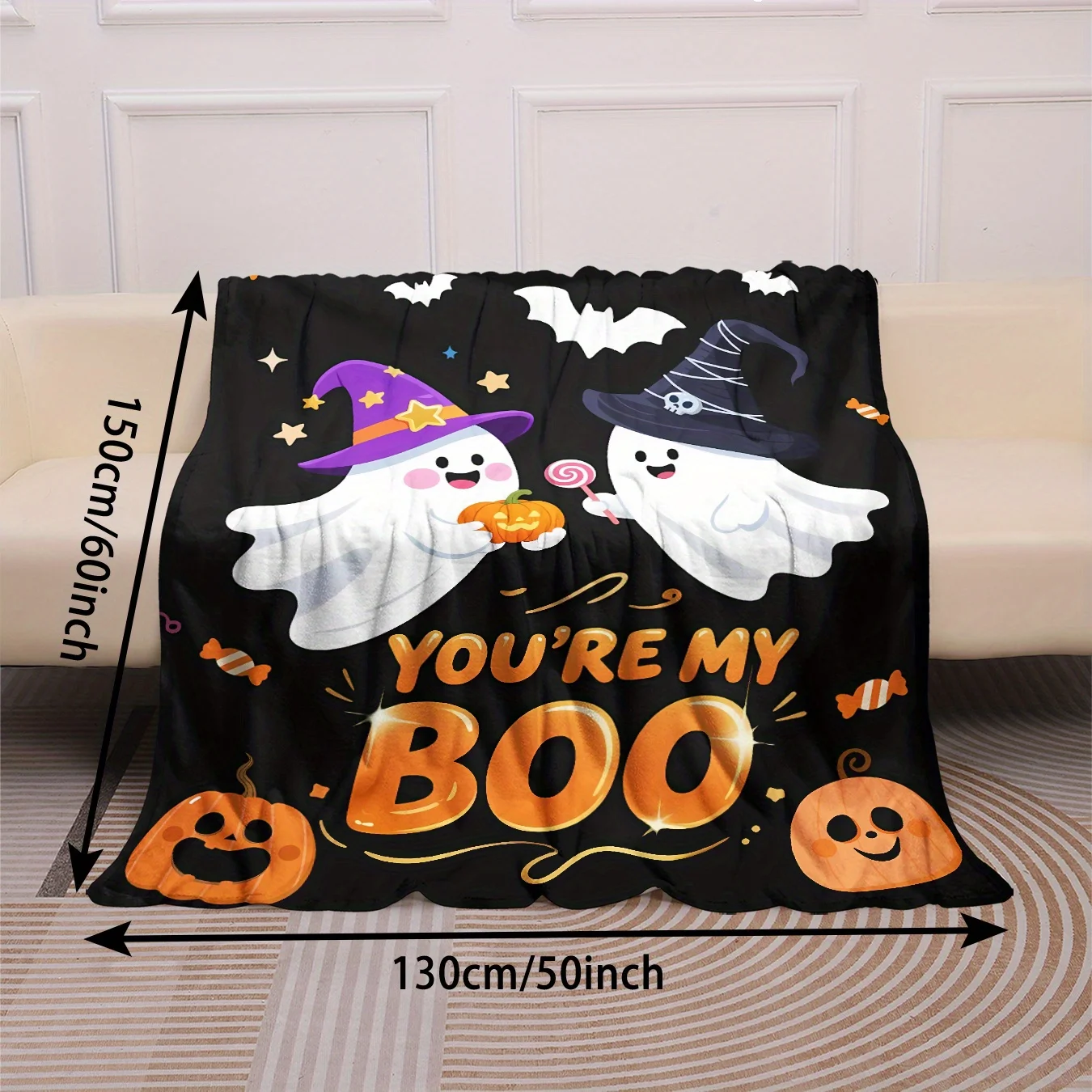 Flannel Halloween-Themed Blanket Featuring Cute Ghosts, Pumpkins, And a Black Background with Candy And Bats Design. Warm, Soft, And Comfortable, It'S a Must-Have for Decorating Bedrooms, Living Rooms, And Cars