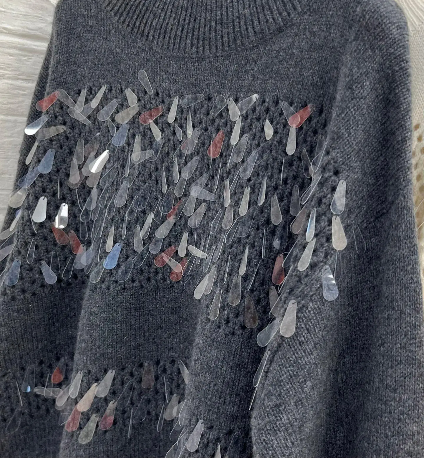 Luxurious crystal drop sequins exquisite decorated pure cashmere versatile casual sweater