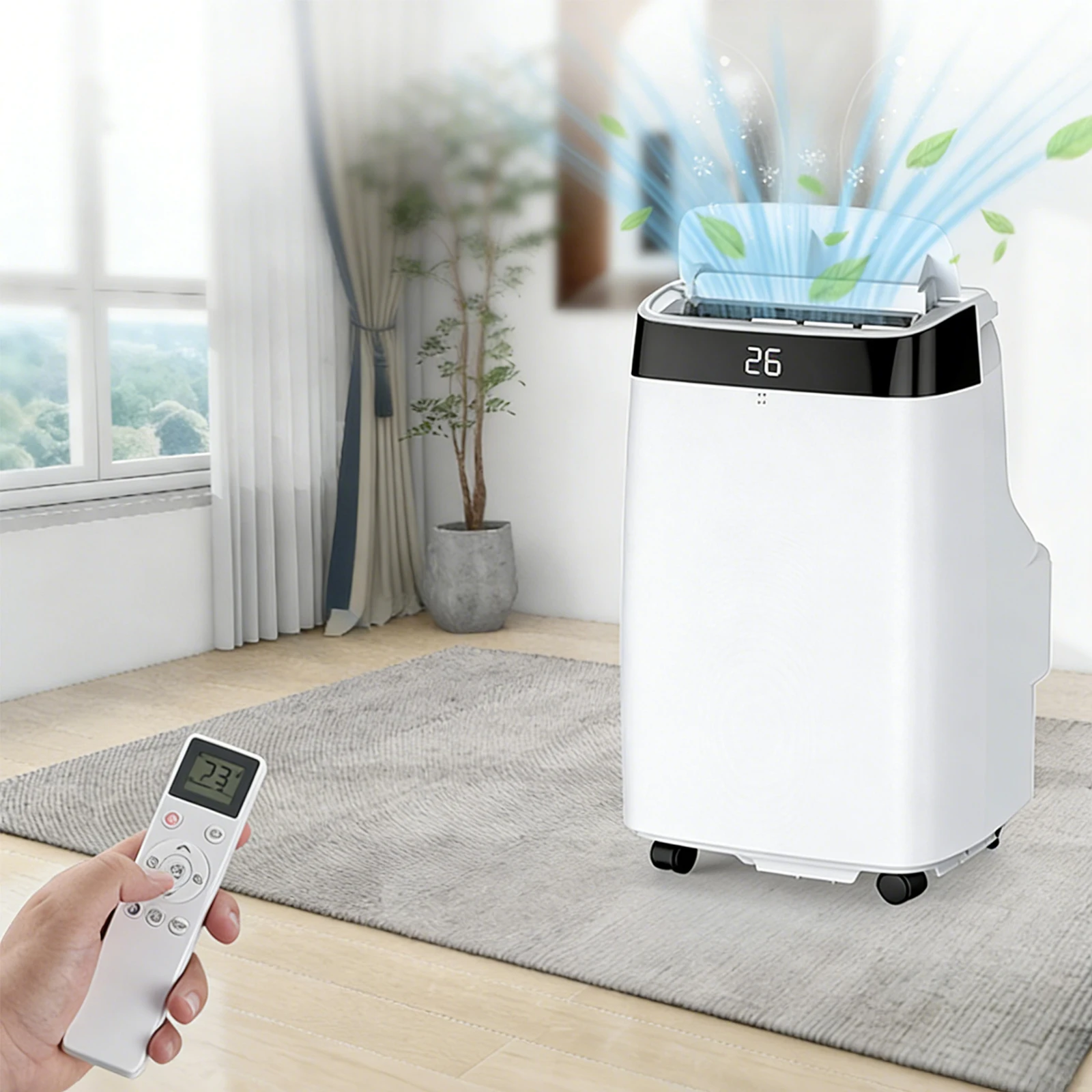 Aire Acondicionado Portátil de 10000 BTU, Enfriador de Habitaciones Móvil 3 en 1, Deshumidificador, Ventilador, Modo de Sueño, Kit para Ventana, 450 Pies Cuadrados