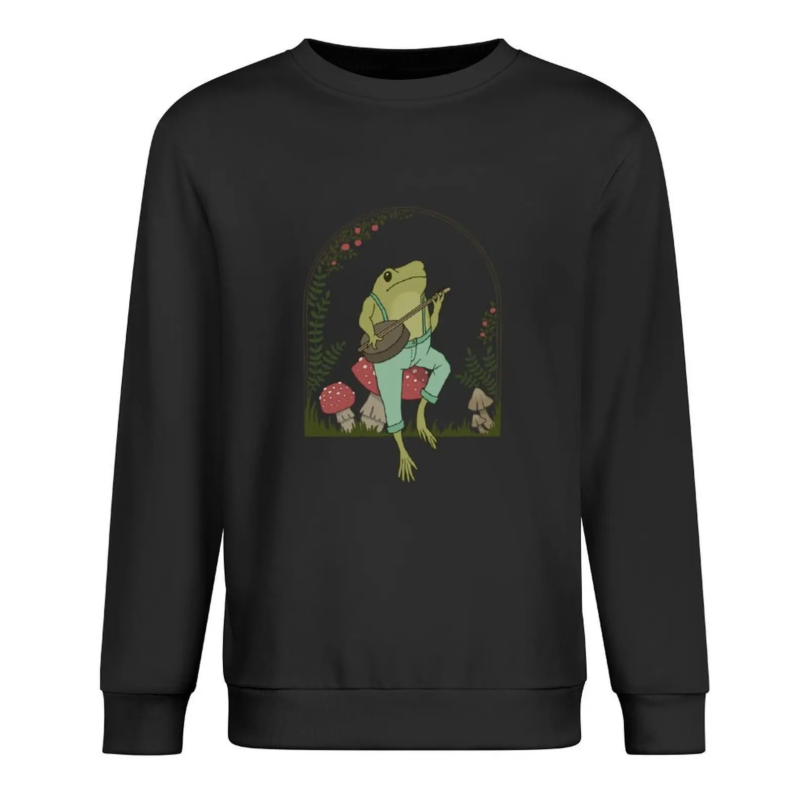 

Cottagecore Aesthetic Frog Playing Banjo on Mushroom: Cute Vintage Goblincore Farmer Toad in Garden, Emo Grunge Fairyco Pullover