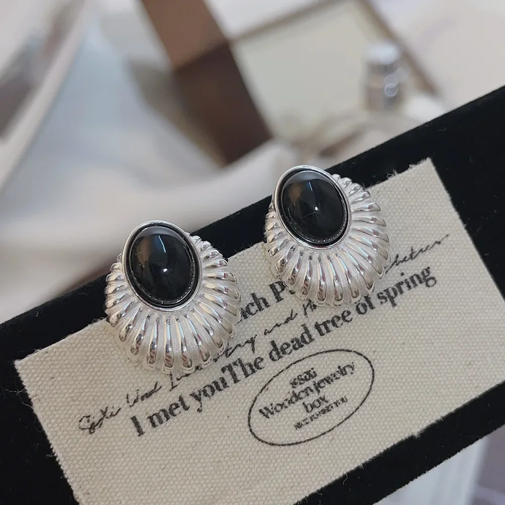 

GXGlint Vintage Black Onyx S925 Sterling Silver Stud Earrings Korean Style Elliptical Geometric Earrings Engagement Prom Jewelry