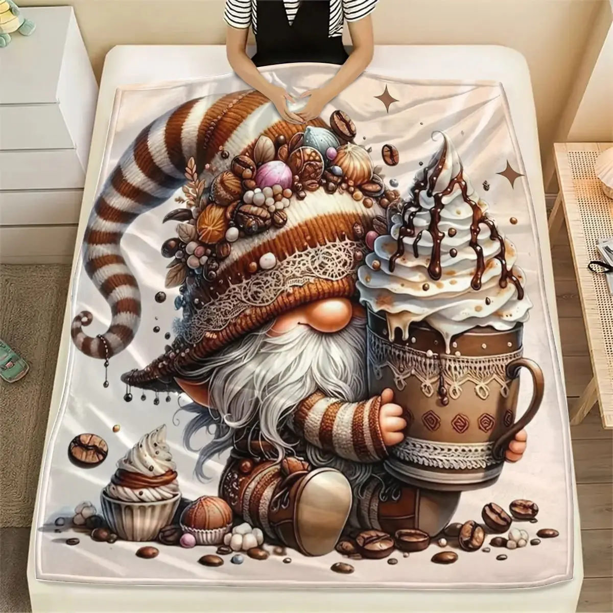 Gnome and Ice Cream Print Flannel Fleece Blanket, Soft Cozy Throw for Sofa, Home Leisure, Air Conditioning, Nap, Office Bed, Cam