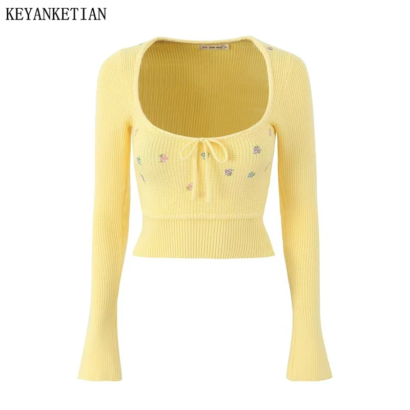 

KEYANKETIAN Winter New Women's Sweet Flowers Embroidery Sweater Pullover Holiday wind Slim Flare sleeve Crop Knitted Top Female