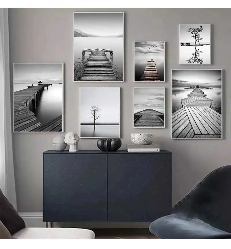 Painting Canvas Modular Landscape Pictures Home Decor Nordic Style Prints Wall Art Black And White Tree Poster Minimalist Bridge