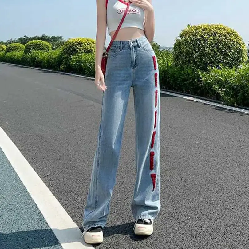 Jeans Denim Pinggang Tinggi Perca Merah Antik Celana Kaki Lebar Lurus Panjang Bordir Amerika Serbaguna Awal Musim Gugur Wanita