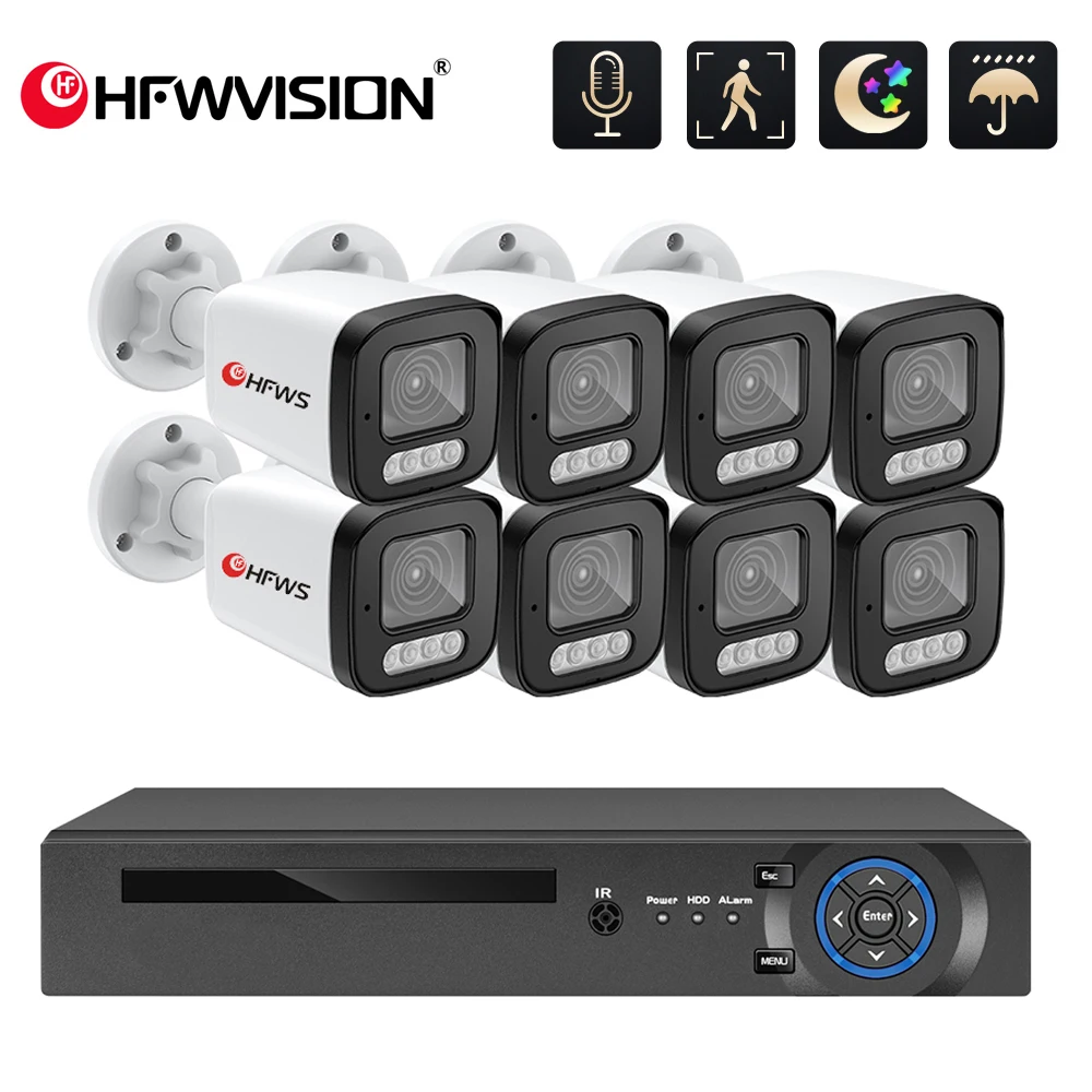 HFWVISION 3MP H.265 8CH POE Security Surveillance Camera System Kit Set Waterproof Audio IP Cameras Home CCTV NVR XMEye