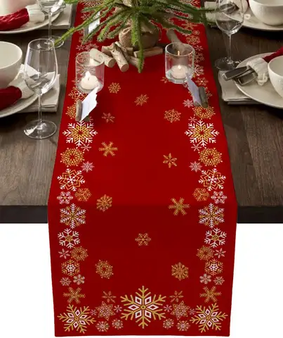 Christmas Snowflake Red Linen Table Runner for Winter Holiday Party Decor Xmas Kitchen Dining Table Runners Christmas Decoration