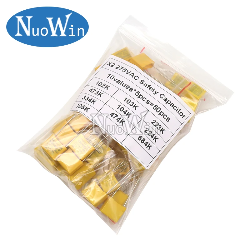 50pcs/Lot Polypropylene Film X2 Safety Capacitor Assorted Kit 275VAC 10Values Each 5pcs 1NF - 1UF