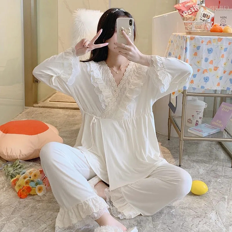 cotton-maternity-nursing-pajamas-set-for-pregnant-women-postpartum-long-sleeved-lace-home-suits-soft-modal-hospital-nightwear