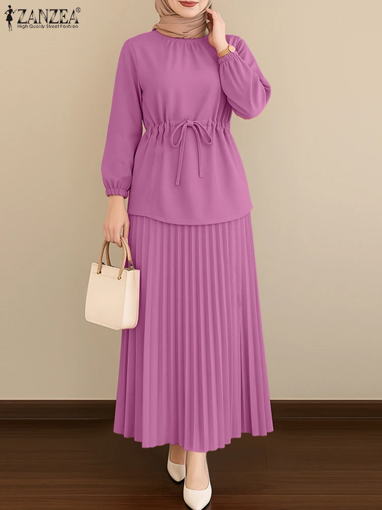 ZANZEA Elegant Women Spring 2 Piece Sets Muslim Tracksuits Fashion Long Sleeve Tops Pleated Maxi Skirts Suit 2PCS Work Outfits