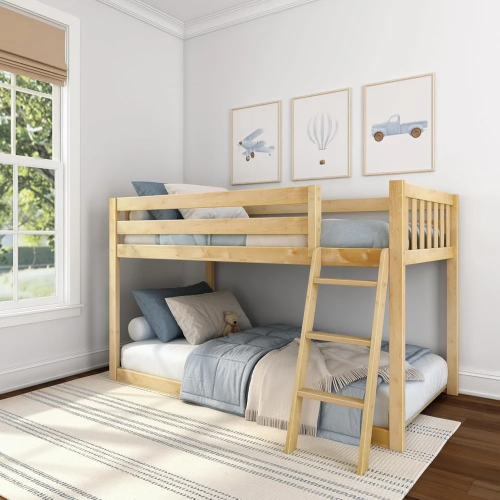 

Children Beds, Fundamental Twin Low Bunk Bed, Kids Solid Wood Modern Bed Frame with Strong Wooden Slats, Non-Toxic Finishes