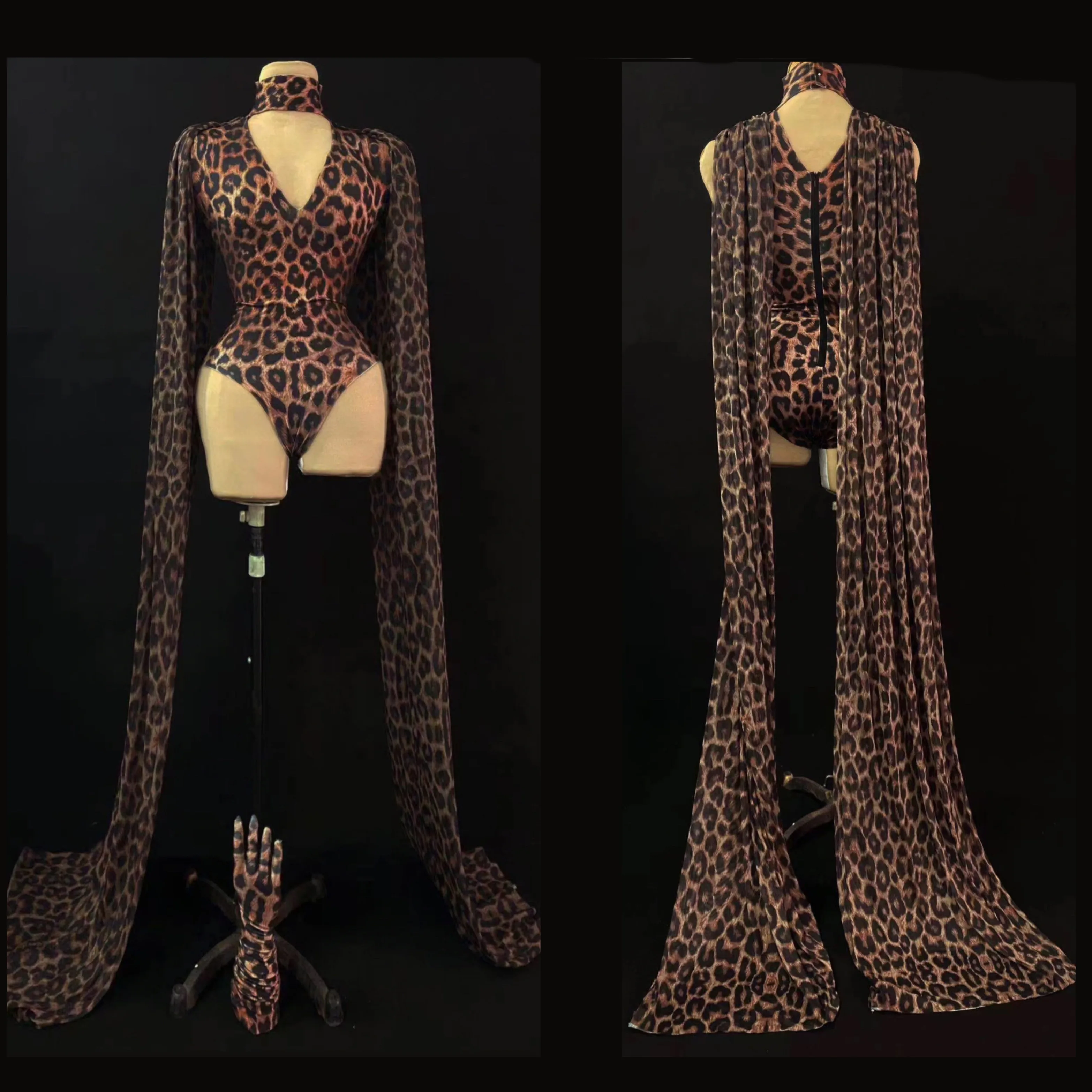 

Women Leopard Sexy V-Neck Long Shawl Show Stage Bodysuits Model Costumes