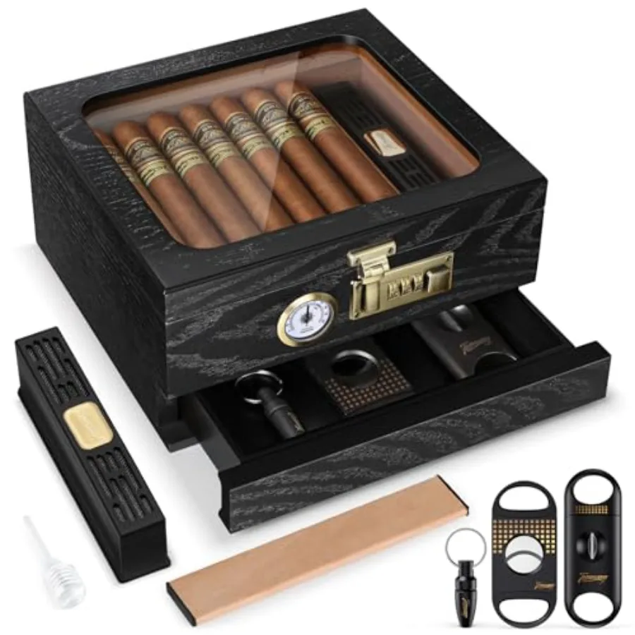 

Tesonway Cigar Humidor, Cedar Wood Humidor Cigar Box, Glass Top Desktop Humidor with Front Hygrometer, Humidifier, Divider, Acc