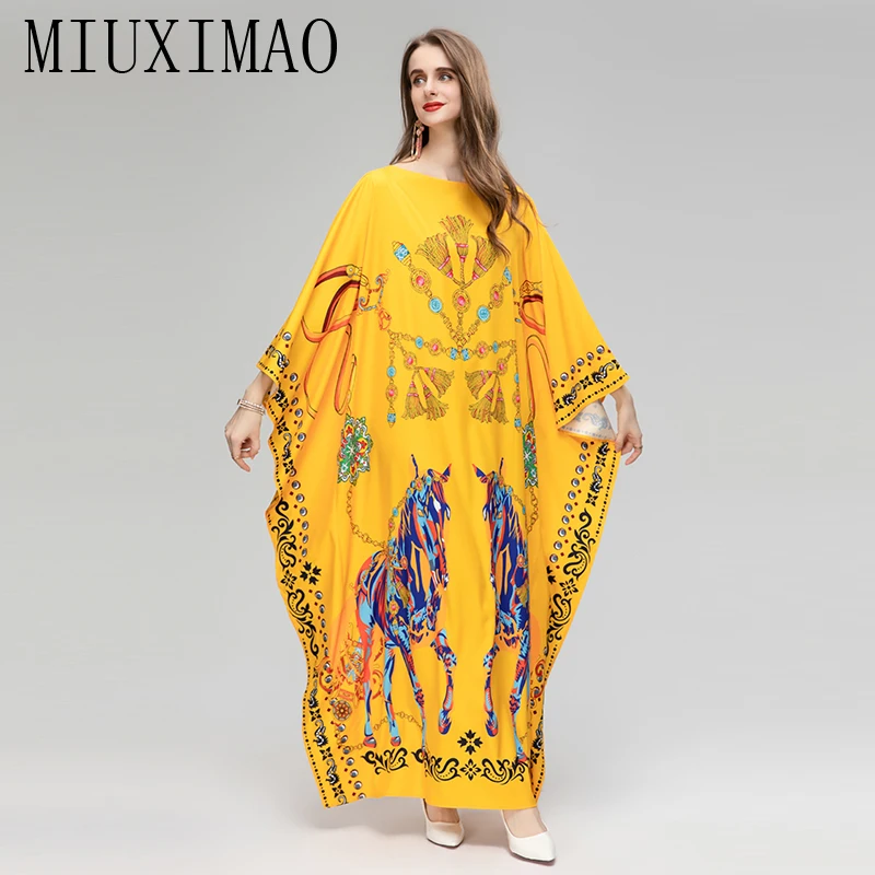 

MIUXIMAO 2023 Plus Size Dress O-neck Batwing Sleeve Maxi Dress Women Bohemian Horse print New Fashion Yellow Kaftan Dress