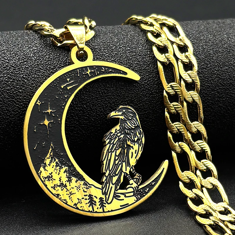 Dark Style Enamel Raven Crescent Moon Pendant Necklace for Women Men Stainless Steel Gold Color Animal Crow Cuban Chain Jewelry