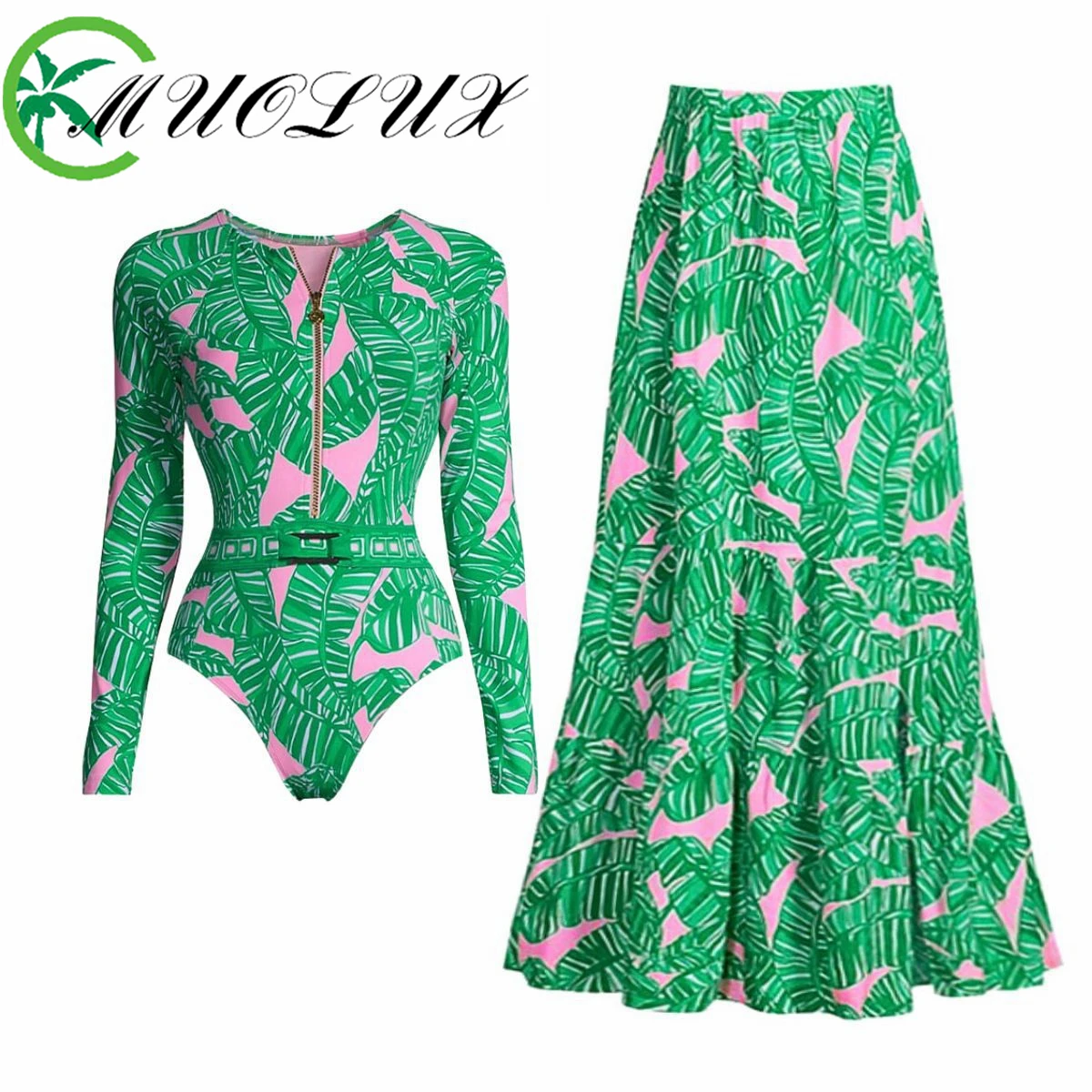 

MUOLUX 2024 New Sports Print One-piece Long Sleeved Surfing Suit Swimsuit Half Skirt Two-piece Set Sexy High Elasticity Swimwear