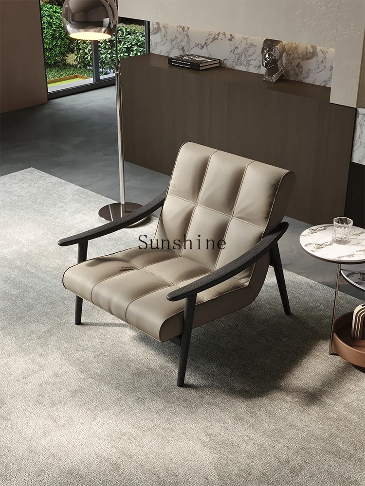 

Italian leather solid wood casual simple modern living room balcony recliner single light luxury sofa FT