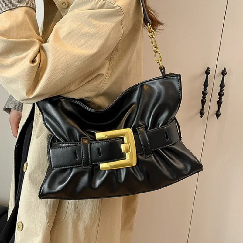 

Women's Fashion Belt Buckle Handbag New Soft Pleated Tote Bag High-quality Commuter Shoulder Bag Cool Versatile Motorcycle Bag